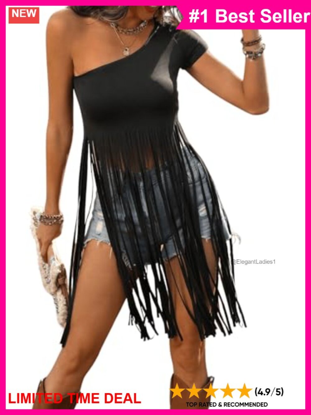 One Shoulder Fringe Short Sleeve Tee Festival Cowgirl Top